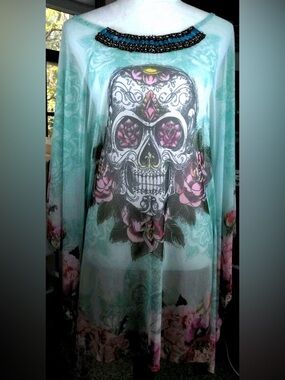 Amiani Resort Beach Cover Up Mesh Skull & Flowers Print Over Size Small Beads